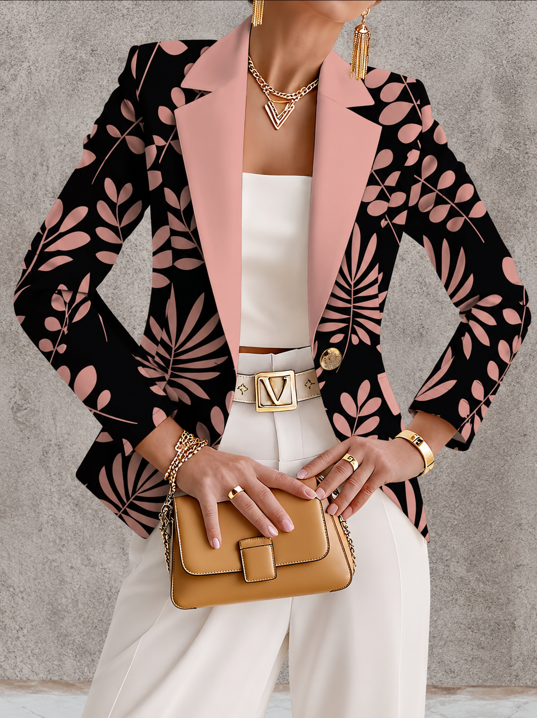 Pink leaf blazer jacket from THE WHITMORE FAMILY, stylish tailored coat with leaf pattern, ideal for casual or formal wear.