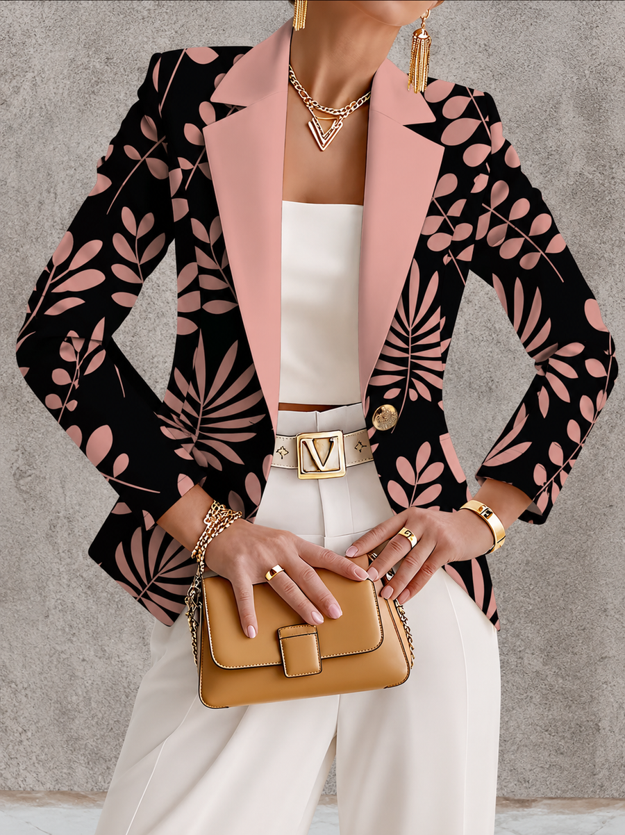 Pink leaf blazer jacket from THE WHITMORE FAMILY, stylish tailored coat with leaf pattern, ideal for casual or formal wear.