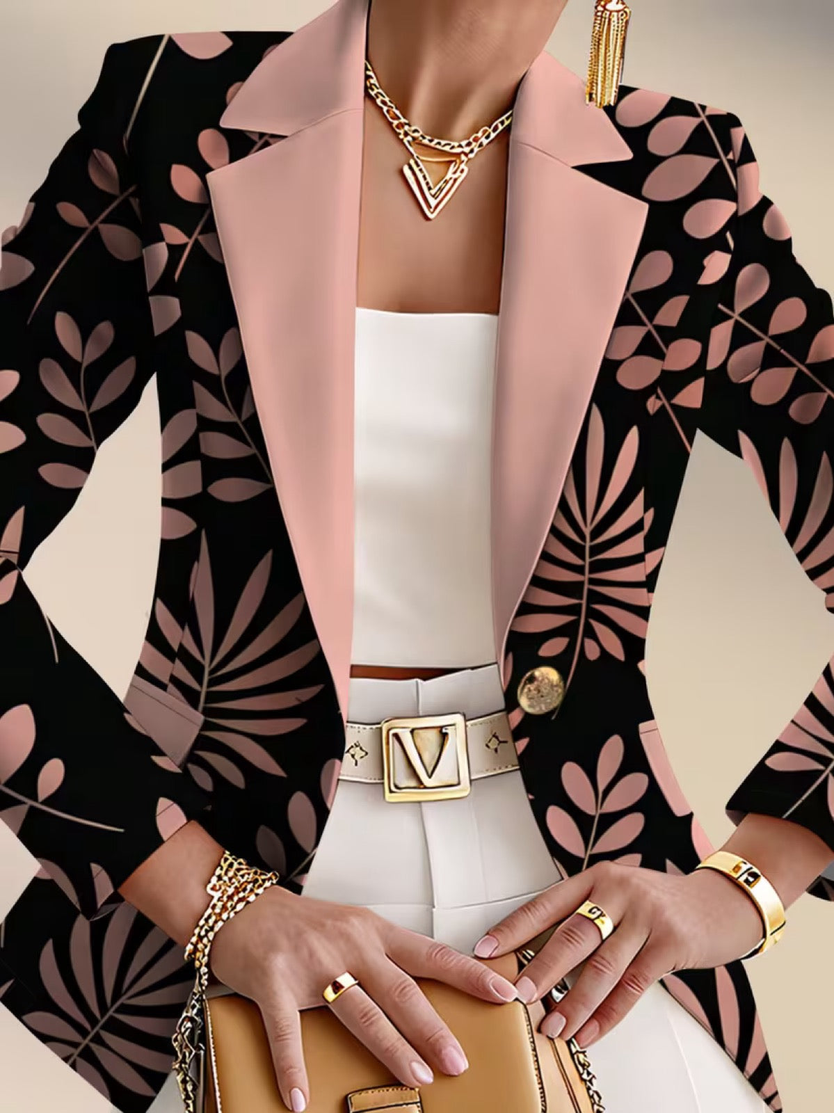 Pink leaf blazer by THE WHITMORE FAMILY, stylish jacket with a pink leaf pattern, shown on a model.