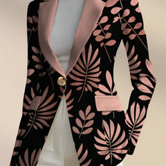 Pink leaf blazer from THE WHITMORE FAMILY, stylish jacket with floral leaf pattern, tailored fit, and lapel collar.