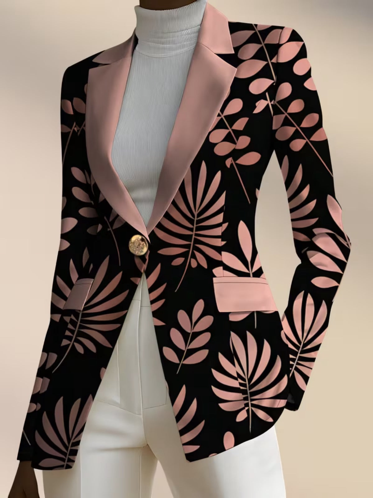 Pink leaf blazer from THE WHITMORE FAMILY, stylish jacket with floral leaf pattern, tailored fit, and lapel collar.