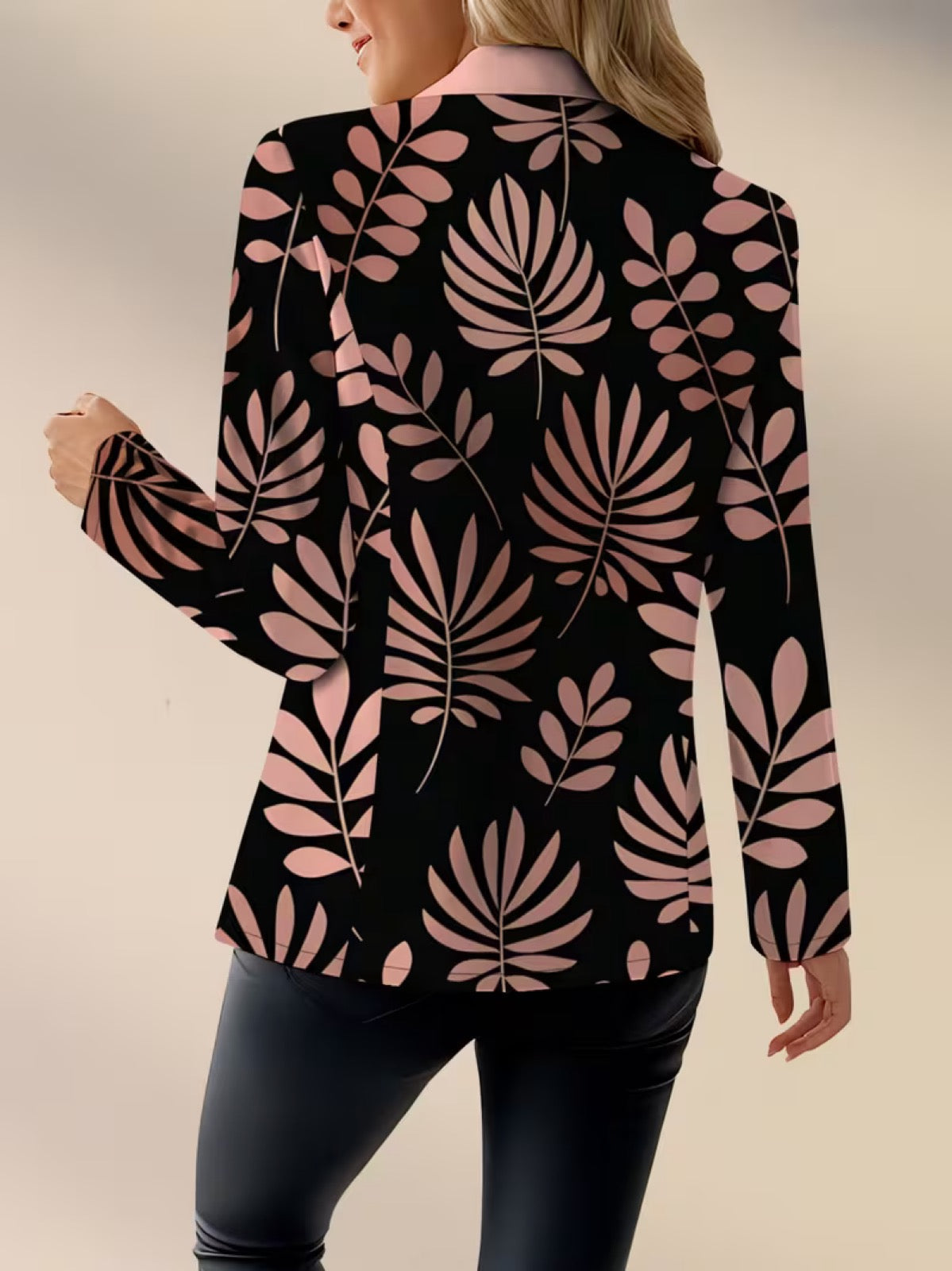 Pink leaf blazer by The Whitmore Family, stylish jacket with floral leaf pattern, tailored fit, and vibrant color for a chic look.
