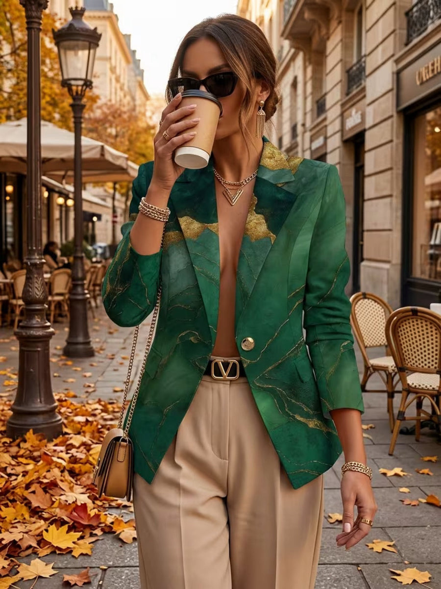 Emerald marble blazer from THE WHITMORE FAMILY's HONORINE collection, featuring a tailored jacket with marble pattern fabric.