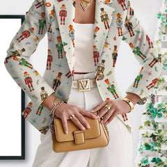 Vivenne Nutcracker Print Blazer by The Whitmore Family featuring a stylish tailored jacket with festive nutcracker print fabric.