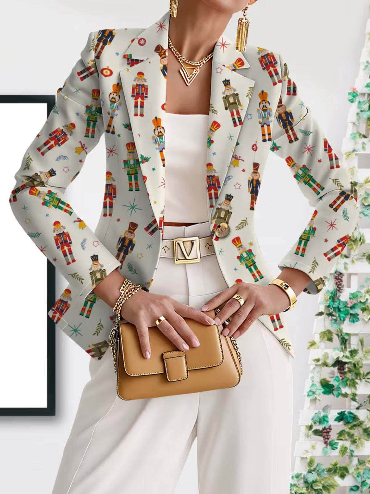 Vivenne Nutcracker Print Blazer by The Whitmore Family featuring a stylish tailored jacket with festive nutcracker print fabric.