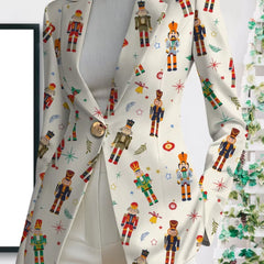 VIVENNE Nutcracker print blazer by THE WHITMORE FAMILY featuring a tailored fit and festive nutcracker design on black fabric.