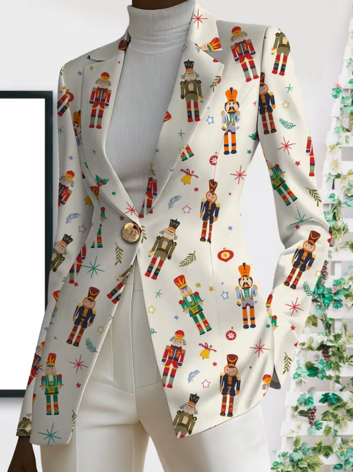 VIVENNE Nutcracker print blazer by THE WHITMORE FAMILY featuring a tailored fit and festive nutcracker design on black fabric.