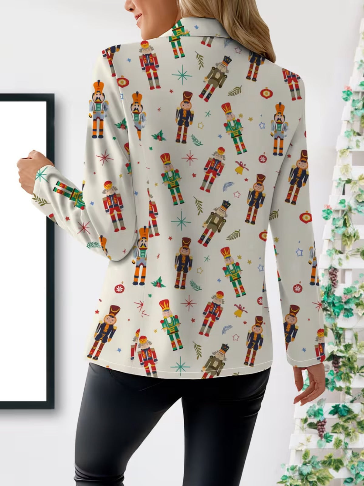 VIVENNE Nutcracker print blazer from THE WHITMORE FAMILY featuring a tailored fit and festive nutcracker pattern.