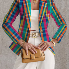 Rosaline Rainbow Plaid Blazer from The Whitmore Family featuring vibrant rainbow plaid pattern and tailored fit.