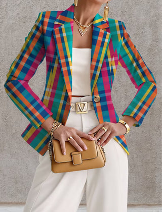 Rosaline Rainbow Plaid Blazer from The Whitmore Family featuring vibrant rainbow plaid pattern and tailored fit.