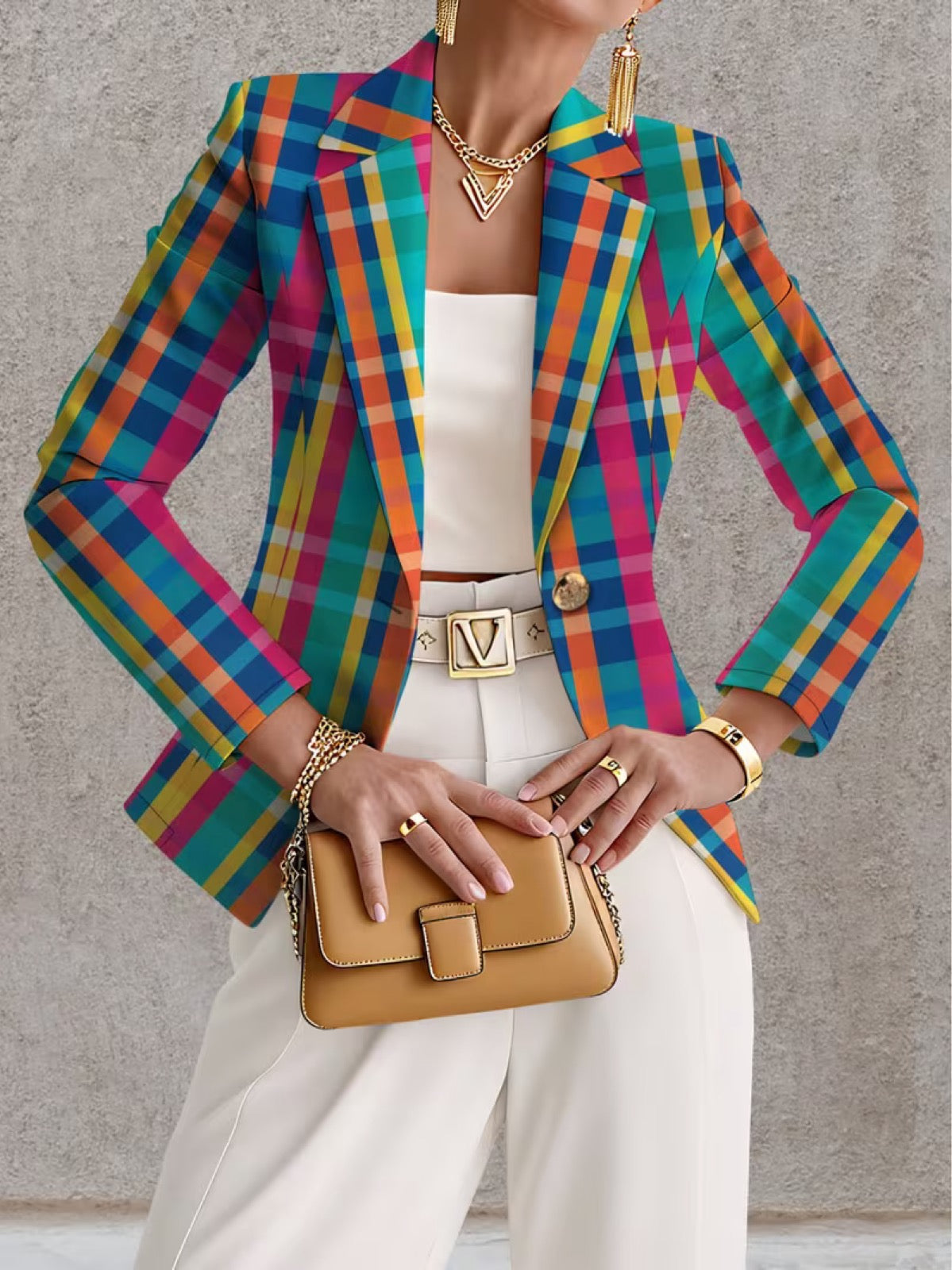 Rosaline Rainbow Plaid Blazer from The Whitmore Family featuring vibrant rainbow plaid pattern and tailored fit.