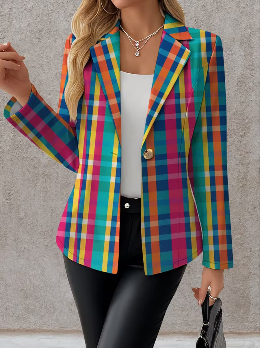 Rosaline rainbow plaid blazer by The Whitmore Family, tailored jacket with vibrant rainbow checkered pattern and structured fit.