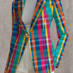 Rosaline Rainbow Plaid Blazer from THE WHITMORE FAMILY featuring vibrant rainbow plaid fabric, tailored fit, and classic blazer style.