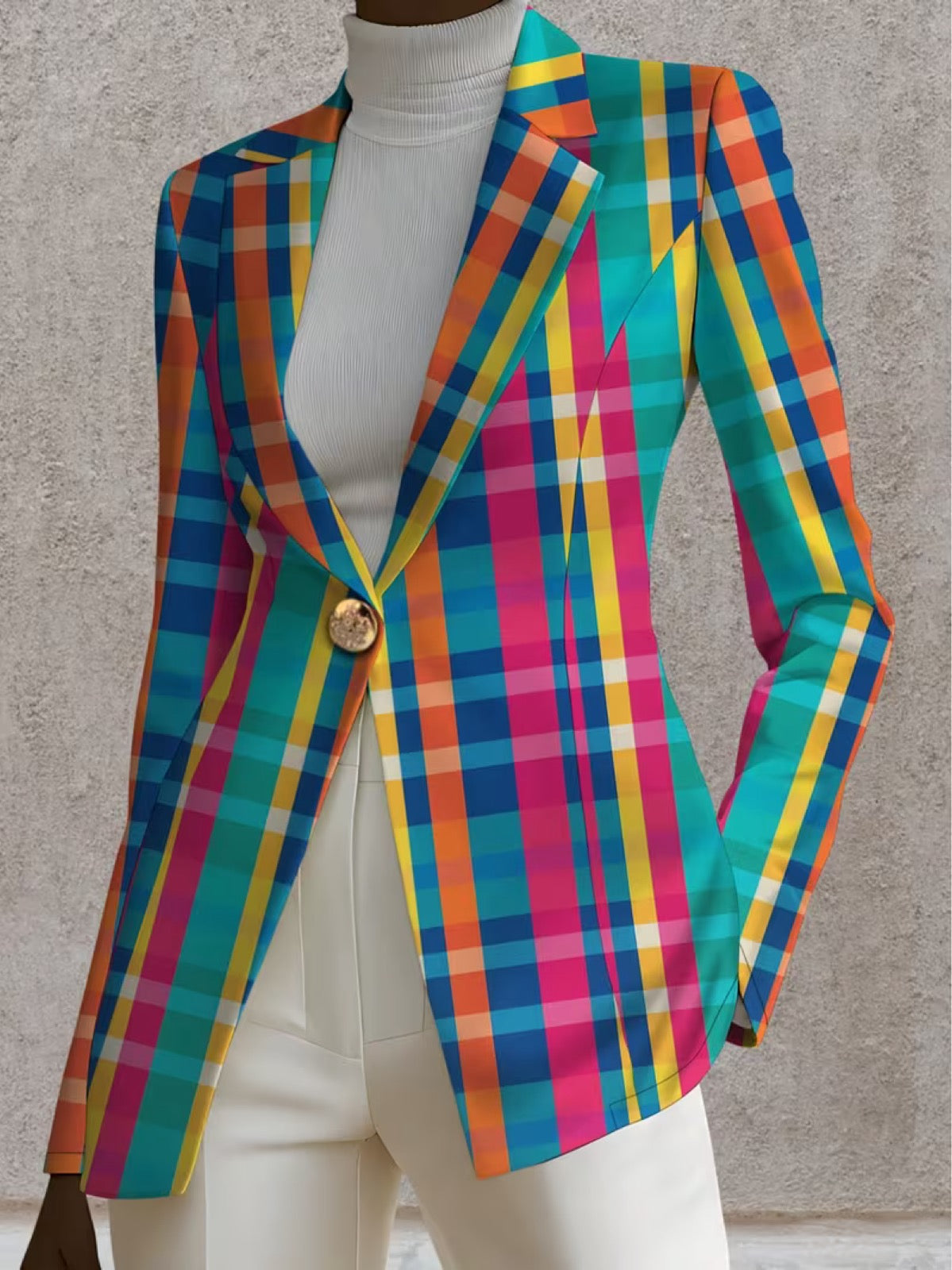Rosaline Rainbow Plaid Blazer from THE WHITMORE FAMILY featuring vibrant rainbow plaid fabric, tailored fit, and classic blazer style.