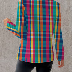Back view of THE WHITMORE FAMILY Rosalind Rainbow Plaid Blazer, stylish jacket with vibrant rainbow plaid pattern.