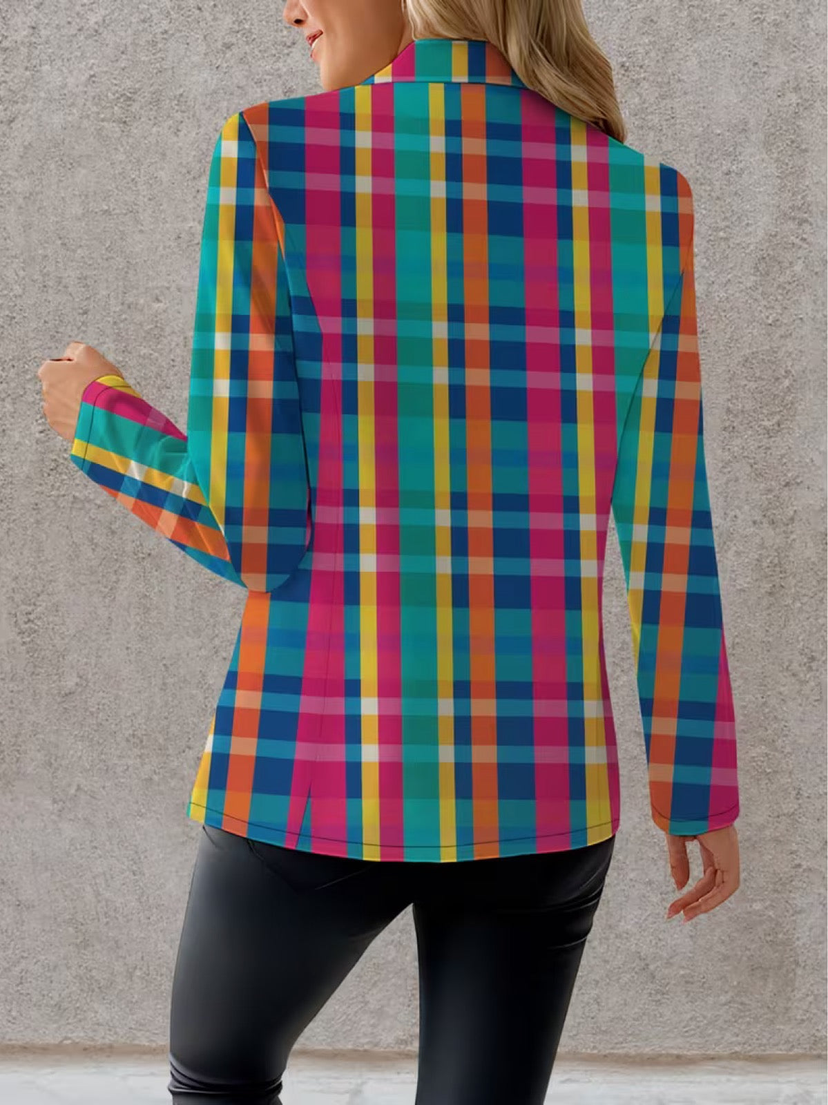 Back view of THE WHITMORE FAMILY Rosalind Rainbow Plaid Blazer, stylish jacket with vibrant rainbow plaid pattern.