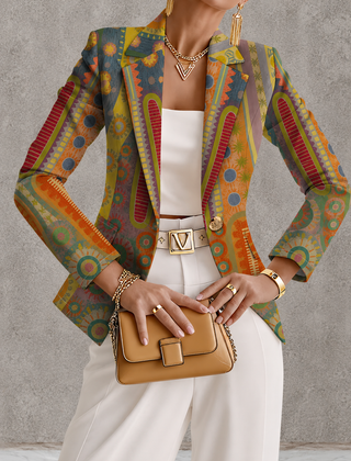 Bohemian medallion blazer from THE WHITMORE FAMILY featuring intricate patterns and a relaxed fit, stylish jacket for casual or dressy occasions.