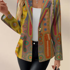 The Whitmore Family Faustine bohemian medallion blazer featuring a stylish patterned design and tailored fit for women.