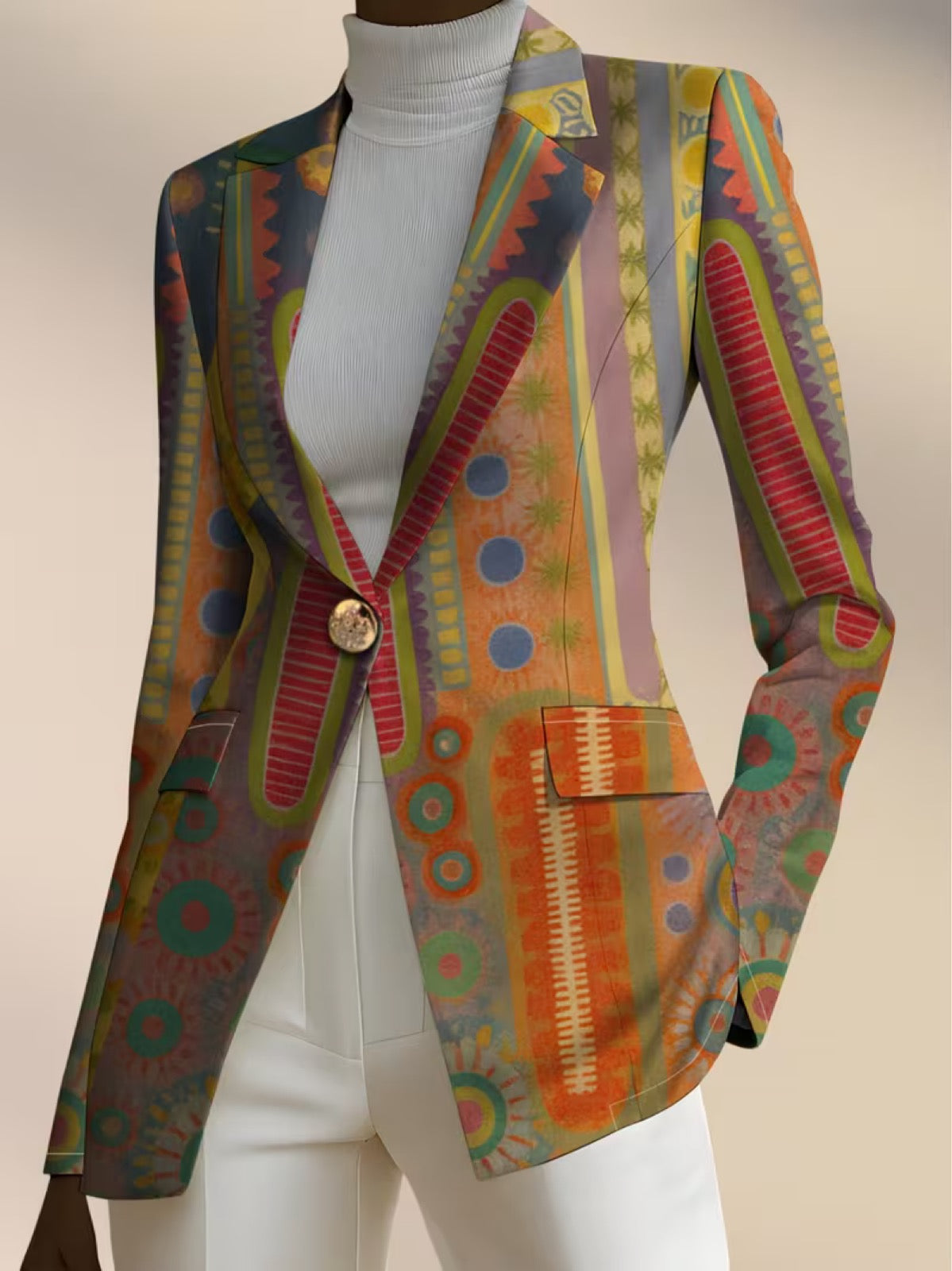 Faustine bohemian medallion blazer by The Whitmore Family, stylish jacket with intricate medallion patterns and relaxed fit.
