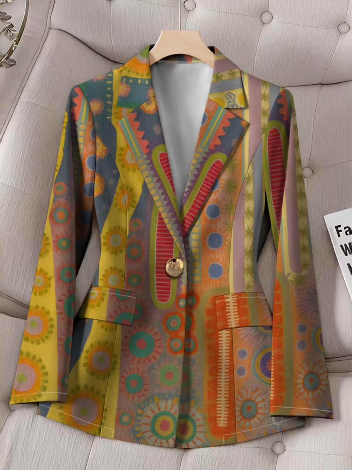 Faustine bohemian medallion blazer by The Whitmore Family, stylish jacket with vibrant medallion pattern and tailored fit.