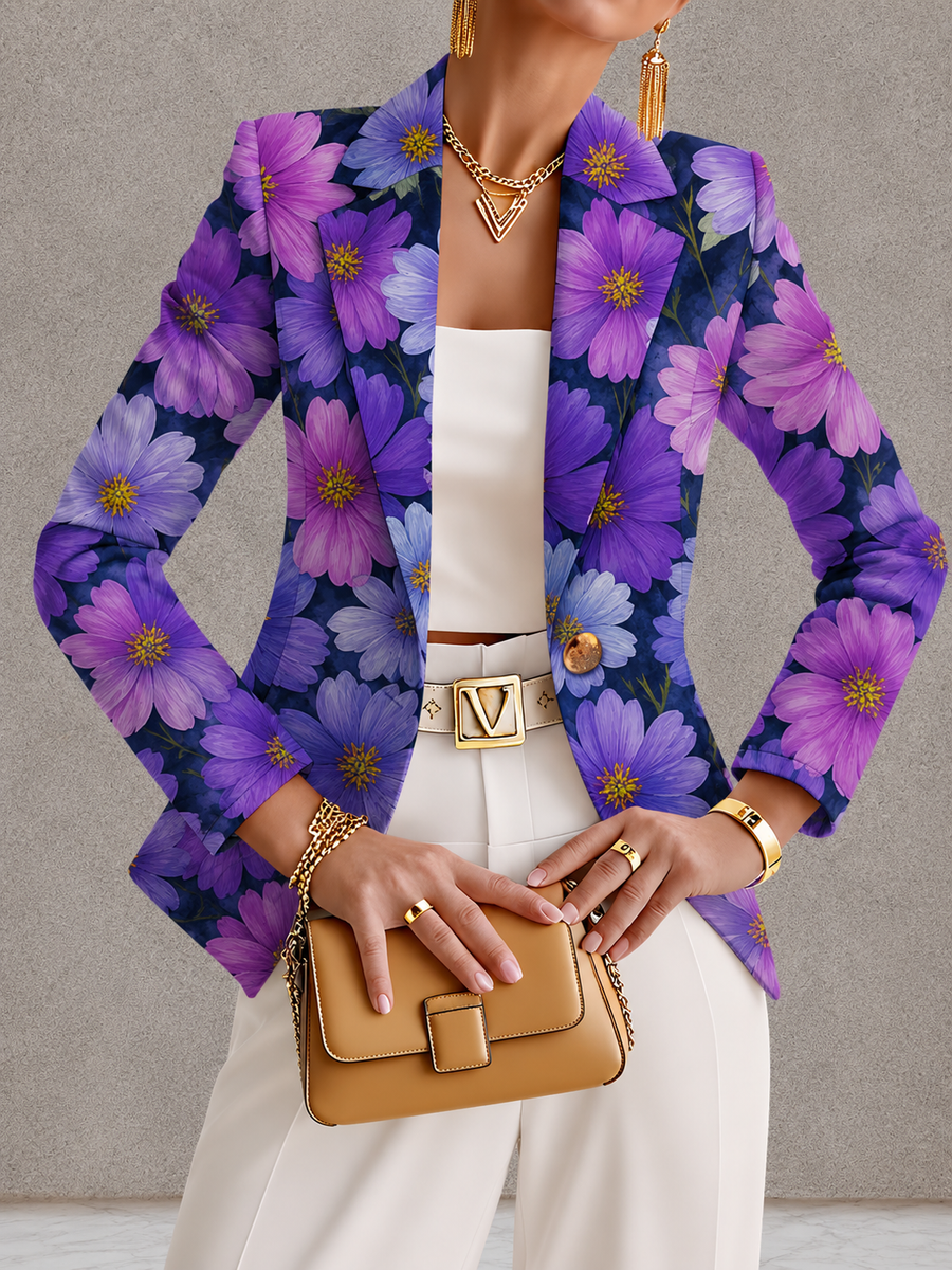 Purple cosmos blazer from THE WHITMORE FAMILY, stylish jacket featuring a tailored fit and vibrant floral-inspired design.