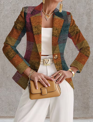 A woman wears the Amandine Autumn Plaid Blazer from THE WHITMORE FAMILY, featuring a stylish plaid pattern and tailored fit.