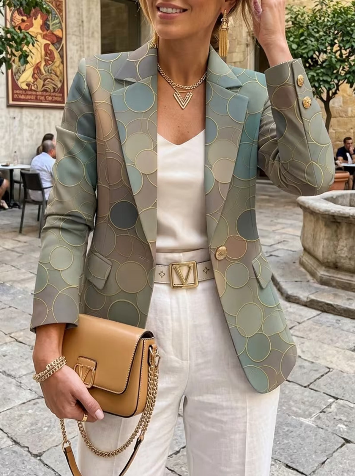 Capucine dot mosaic blazer by The Whitmore Family, stylish jacket with a colorful mosaic pattern, tailored fit, and classic lapel design.