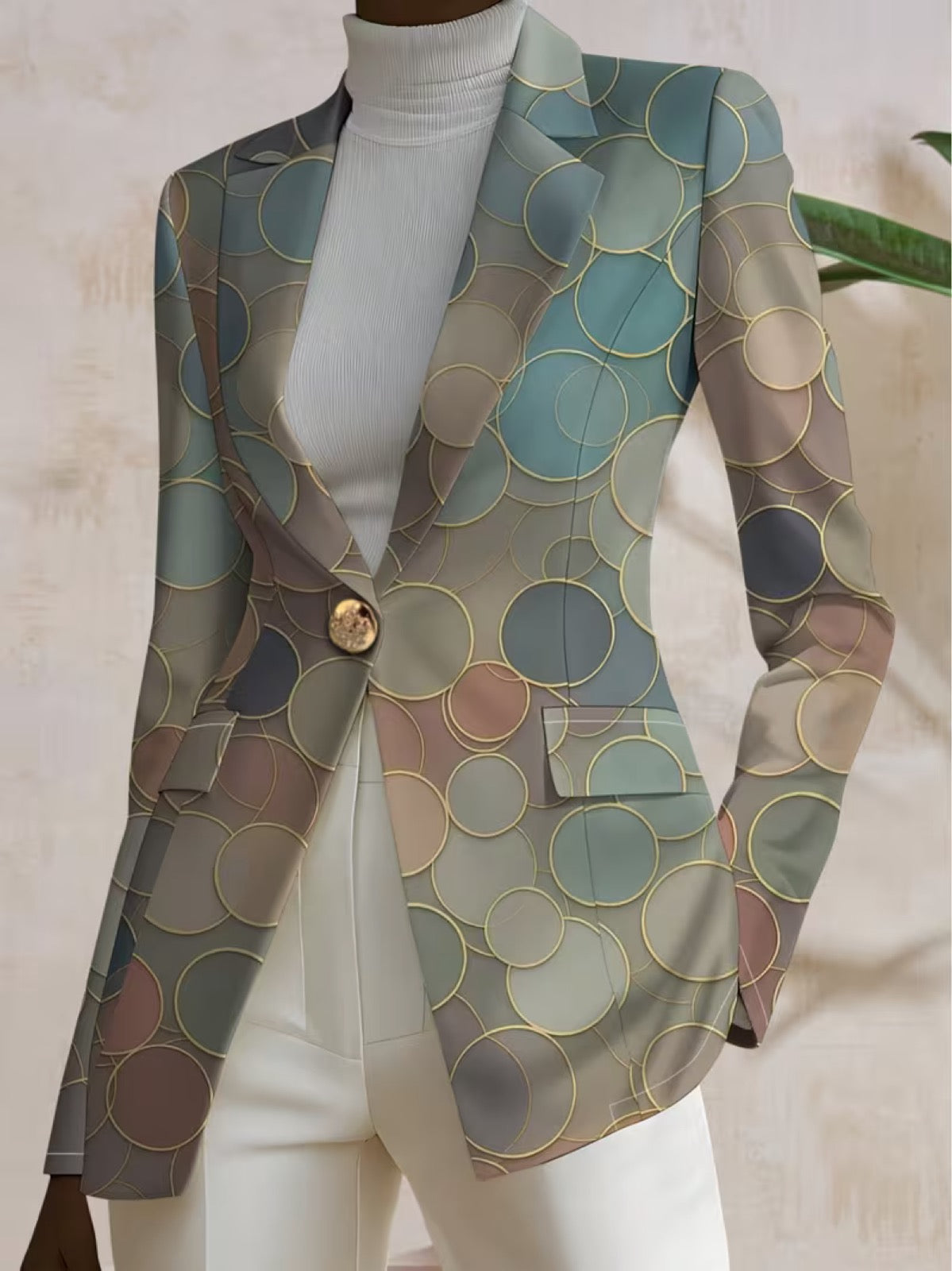 Capucine Dot Mosaic Blazer by THE WHITMORE FAMILY, featuring a vibrant mosaic pattern, tailored fit, and classic blazer style.