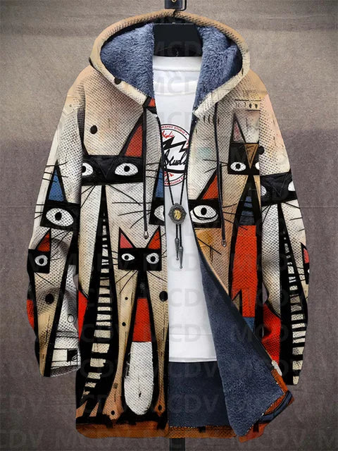 Reuben artistic print hooded jacket by THE WHITMORE FAMILY featuring a vibrant, art-inspired design and a comfortable hood.