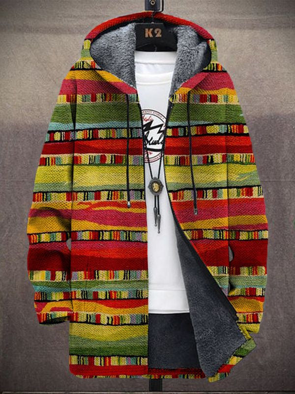 A luxurious Alden Bold Patterned Hooded Jacket by THE WHITMORE FAMILY, featuring vibrant art-inspired designs and a cozy hood.