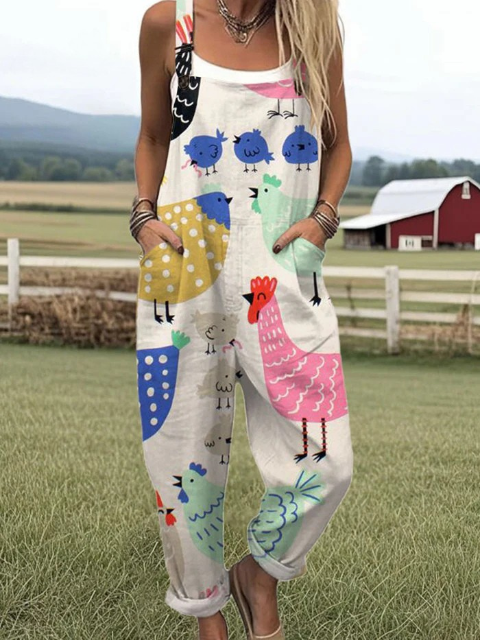 The Whitmore Family Chicken Chatter Jumpsuit from the Jumpsuit Collection, featuring a playful chicken print and comfortable fit.