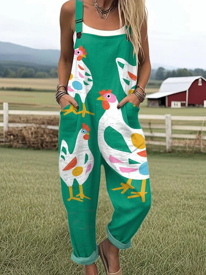 Whimsical Cluckin’ jumpsuit from THE WHITMORE FAMILY jumpsuit collection, featuring playful chicken print and comfortable fit.