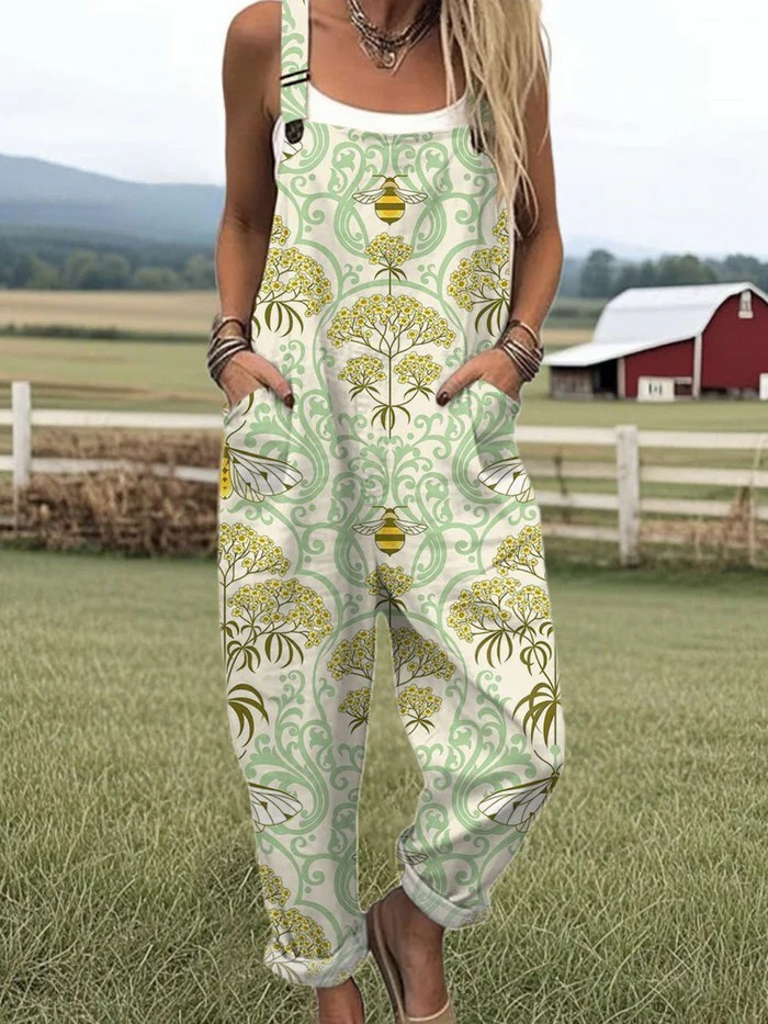 Honeybee Bloom Jumpsuit from THE WHITMORE FAMILY jumpsuit collection, featuring a floral pattern and relaxed fit.