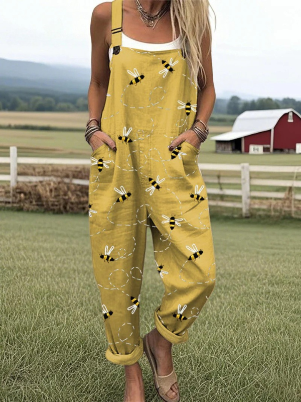 Honeybee Meadow Jumpsuit from THE WHITMORE FAMILY Jumpsuit Collection, featuring a floral pattern and comfortable fit.