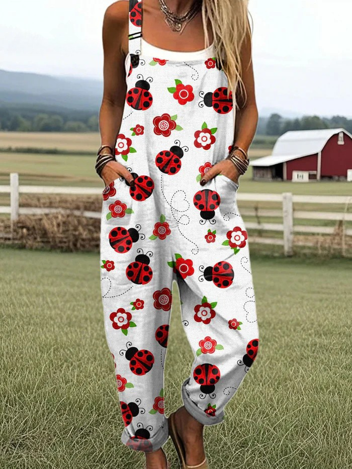 Ladybug Lane jumpsuit from THE WHITMORE FAMILY Jumpsuit Collection, featuring a colorful, casual one-piece with a fun ladybug design.