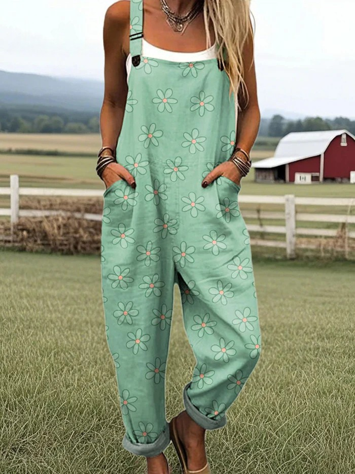 Meadow Muse jumpsuit from THE WHITMORE FAMILY jumpsuit collection, featuring a stylish, comfortable design with floral patterns and relaxed fit.