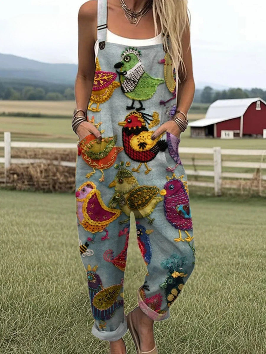 Vintage colourful bird jumpsuit from THE WHITMORE FAMILY jumpsuit collection, featuring vibrant bird patterns and a relaxed fit.