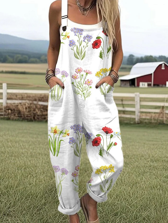 Wildflower Trail jumpsuit from THE WHITMORE FAMILY Jumpsuit Collection, featuring a floral pattern and comfortable fit.