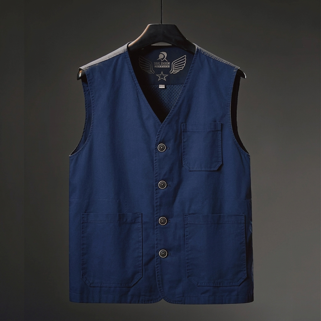 Hartley Utility Vest by THE WHITMORE FAMILY, featuring multiple pockets and durable fabric, displayed on a mannequin.