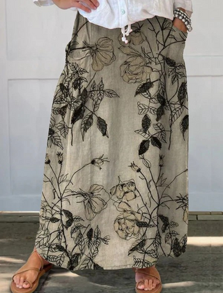 Kisses™ Retro floral art elastic waistband pocket skirt in khaki, featuring vintage-inspired floral design and functional pockets.