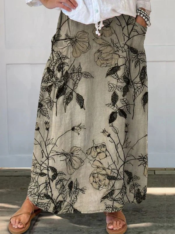 Kisses™ Retro floral art elastic waistband pocket skirt in khaki, featuring vintage-inspired floral design and functional pockets.