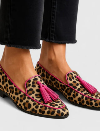 Leopard print Xhyrene stylish support loafers by THE WHITMORE FAMILY, featuring a sleek slip-on design and comfortable fit.