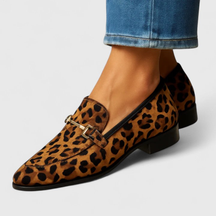 Leopard print Rheavee Soft Step Loafers by THE WHITMORE FAMILY, stylish slip-on footwear with a comfortable design.