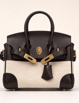 Dark chocolate leather Delphine Top Handle Bag by THE WHITMORE FAMILY, shown from the front with structured design and top handle.