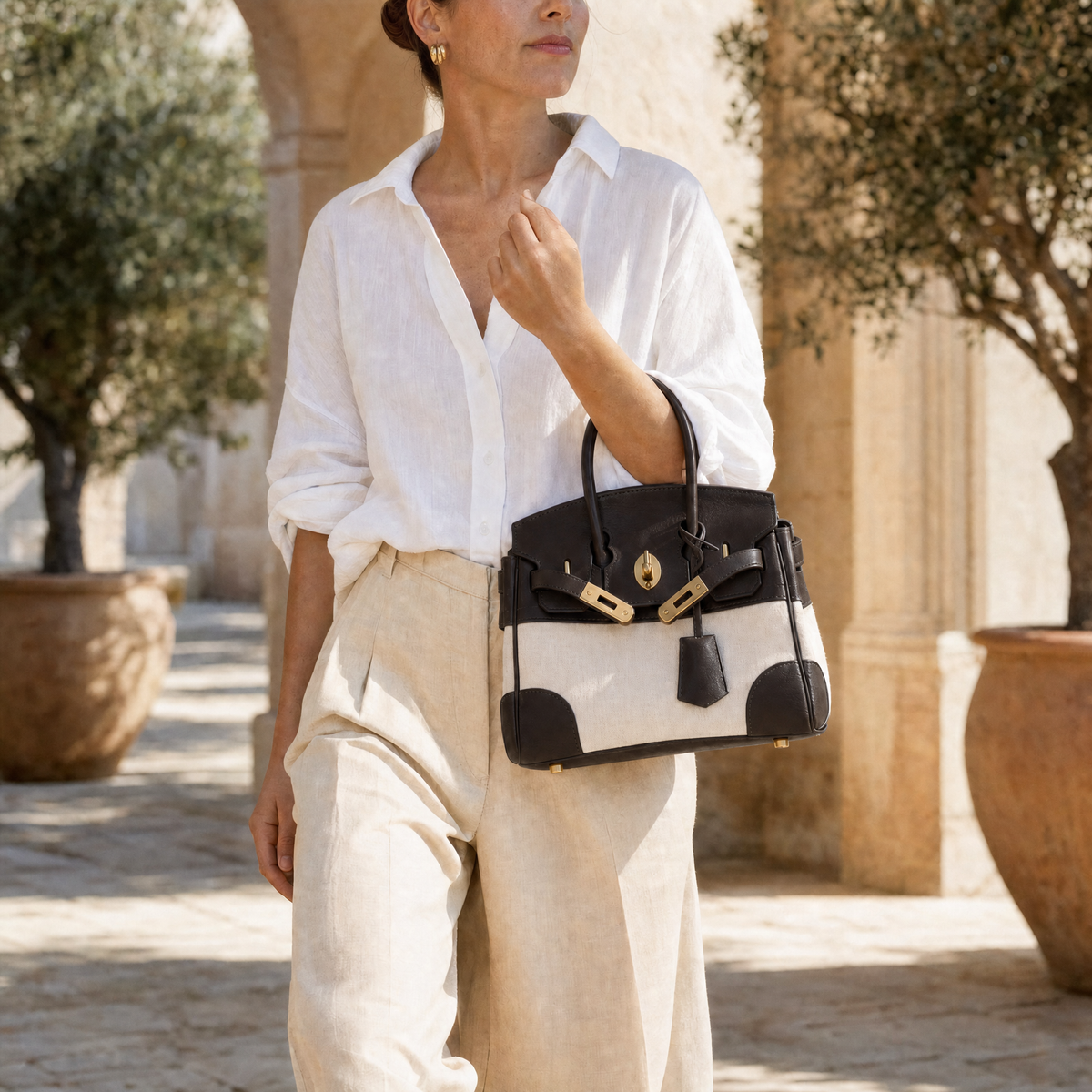 Dark chocolate leather Delphine Top Handle Bag by THE WHITMORE FAMILY, shown on arm with gold hardware accents.