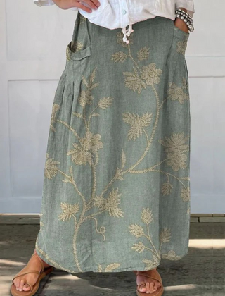 Light gray Trexie™ elastic waistband pocket skirt featuring retro floral art design from THE WHITMORE FAMILY.