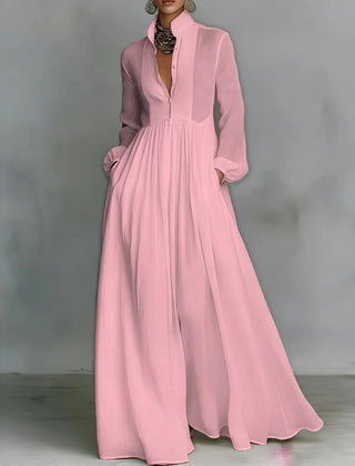 Light pink Ivy flowing maxi dress with button-front design by THE WHITMORE FAMILY, featuring a relaxed, elegant silhouette.