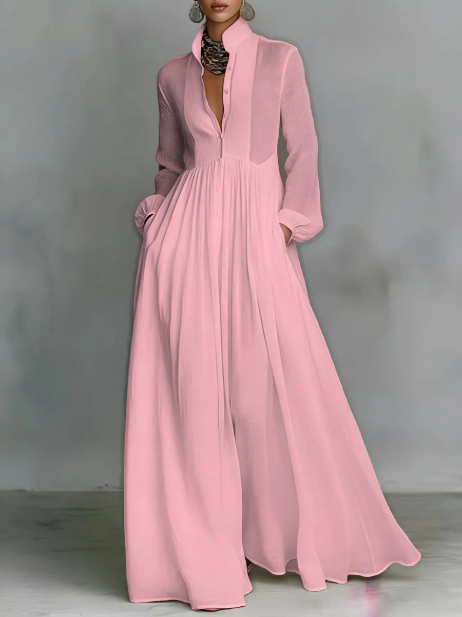 Light pink Ivy flowing maxi dress with button-front design by THE WHITMORE FAMILY, featuring a relaxed, elegant silhouette.