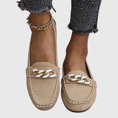 Beige Melissa orthopedic loafers by THE WHITMORE FAMILY, featuring a classic slip-on design and cushioned support.