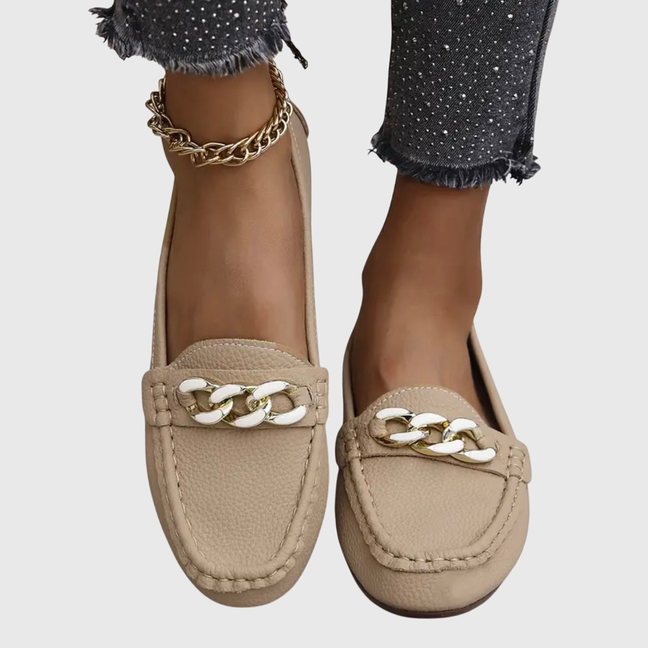 Beige Melissa orthopedic loafers by THE WHITMORE FAMILY, featuring a classic slip-on design and cushioned support.